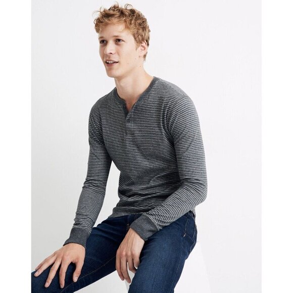 Madewell Men's Doubledown Henley Tee in Gray Stripe Cotton Size XL - Picture 1 of 14